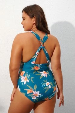 CUPSHE Fantasy Teal Flowers Plunge Ruched Plus Size One Piece Swimsuit