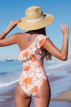 CUPSHE Romantic Flower Ruffled One Shoulder One Piece Swimsuit