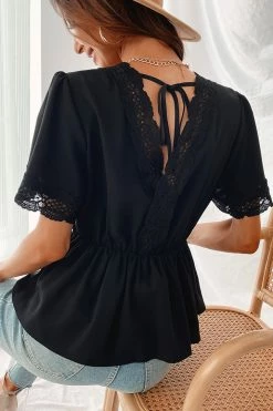 CUPSHE Always Brave Flared Sleeve V-neck Lace Trims Top Clothing