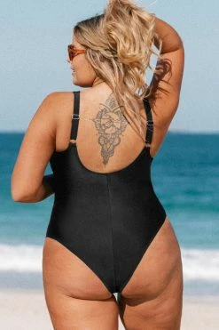 CUPSHE Omniscient Solid Mesh Panel Tummy Control Black Plus Size One Piece One Pieces