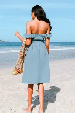 CUPSHE Clothing Magdalena Blue Off Shoulder Ruffle Tea Length Dress