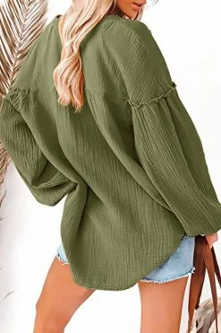 CUPSHE The Fall Seersucker Split Neck Button-Front Ruffled Top Clothing