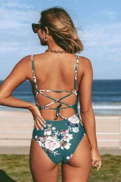 CUPSHE Green Floral Lace Up One Piece Swimsuit One Pieces