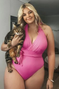 CUPSHE Summer Dreaming Surplice Pink Halter Plus Size One Piece Swimsuit One Pieces