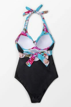 CUPSHE One Pieces Floral And Black Halter One Piece Swimsuit