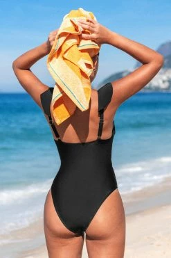 CUPSHE One Pieces Paluma Black Ruffled Plunge One Piece Swimsuit