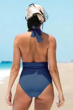 CUPSHE One Pieces Bianca Dusty Blue Plunge Halter One Piece Swimsuit