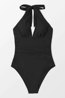 CUPSHE Pool Party Shirred Front Black One Piece Swimsuit