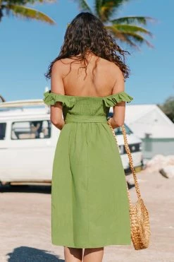 CUPSHE Alejandra Green Off Shoulder Ruffle Tea Length Dress