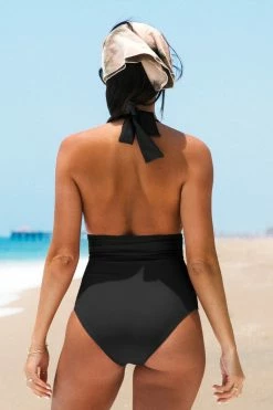 CUPSHE One Pieces Summer Seaside Ruched Halter Tummy Control Black One Piece Swimsuit