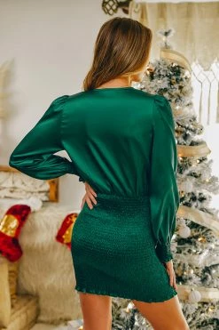 CUPSHE Holidaze Smocked Lettuce-Edge Satin Dress