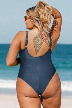 CUPSHE Omniscient Navy Solid Wrap Front Plus Size One Piece Swimsuit