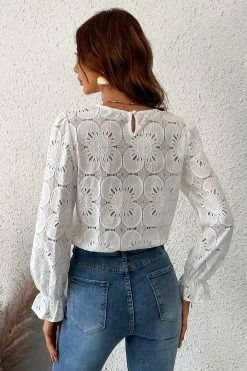 CUPSHE Happy Weekend Embroidered Floral Eyelet Long Sleeve Blouse Clothing