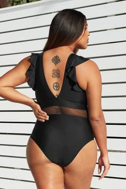 CUPSHE One Pieces Black Ruffle Plunge V Neck Plus Size One Piece Swimsuit