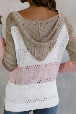 CUPSHE Sweet Tea Striped Open-Knit Long Sleeve Hooded Pullover