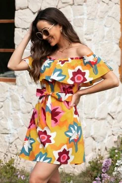 CUPSHE Marlene Floral Ruffle Off Shoulder Dress Clothing