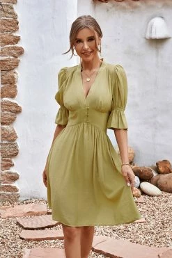 CUPSHE Cable Beach V-neck Bubble Sleeve Smocking A-Shape Dress