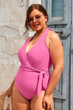 CUPSHE Summer Dreaming Surplice Pink Halter Plus Size One Piece Swimsuit One Pieces