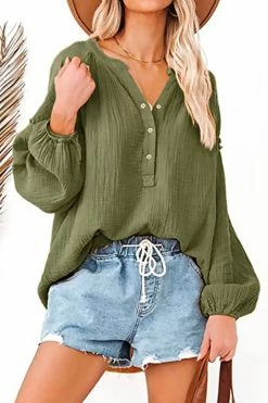 CUPSHE The Fall Seersucker Split Neck Button-Front Ruffled Top Clothing