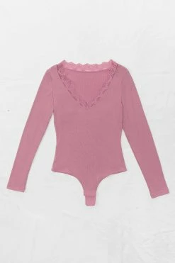 CUPSHE Leann Rib Lace Trim Long Sleeve Bodysuit Clothing