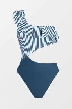 CUPSHE 4th Of July Sea Shore Stripe Ruffled One Shoulder One Piece Swimsuit