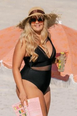 CUPSHE Omniscient Solid Mesh Panel Tummy Control Black Plus Size One Piece One Pieces