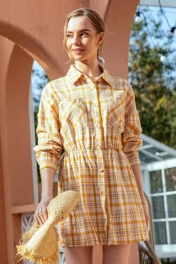 CUPSHE Aisha Gingham Long Sleeve Shirt Collar Dress Clothing