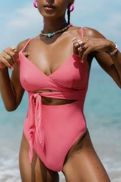 CUPSHE Beach Party Tie Front Wrap Pink One Piece Swimsuit One Pieces