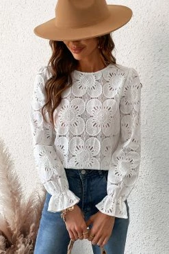 CUPSHE Happy Weekend Embroidered Floral Eyelet Long Sleeve Blouse Clothing