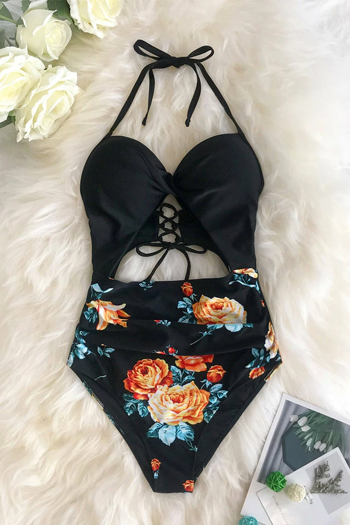 Buy ❤️ CUPSHE One Pieces Black Floral Print Halter Tummy Control One Piece 🩱 Swimsuit 🔥 8 CUPSHE One Pieces Black Floral Print Halter Tummy Control One Piece Swimsuit
