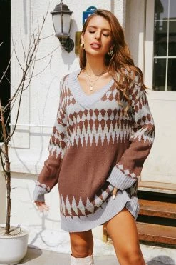 CUPSHE Clothing Kitty Kat Argyle Sweater Dress