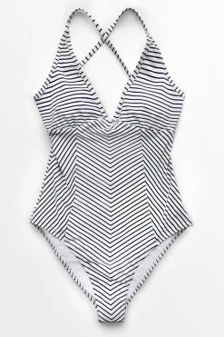 CUPSHE Black And White Stripe V-neck One Piece Swimsuit One Pieces