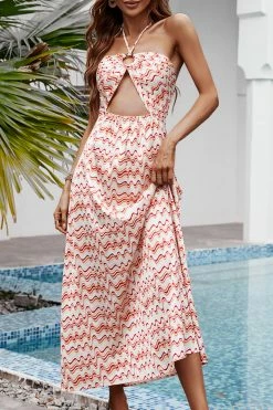 CUPSHE Clothing Gracie Halter Neck O-ring Stripe Off-shoulder Dress