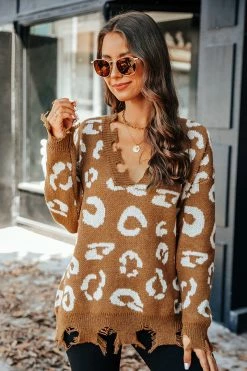 CUPSHE Liana Leopard Print Frayed Sharkbite Sweater Clothing