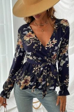 CUPSHE Kelsi Belted Floral Print Flounce Mock Wrap Top Clothing