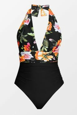 CUPSHE One Pieces Floral And Black Plunge Halter One-Piece Swimsuit