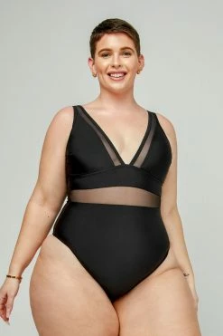 CUPSHE Omniscient Solid Mesh Panel Tummy Control Black Plus Size One Piece One Pieces