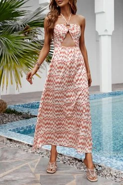 CUPSHE Clothing Gracie Halter Neck O-ring Stripe Off-shoulder Dress