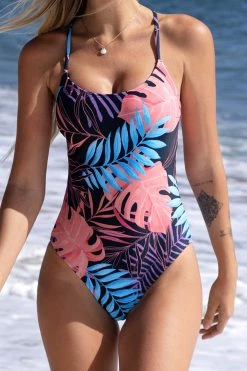 CUPSHE Vapor Wave Back Tie Tropical Leaf Print One Piece Swimsuit One Pieces