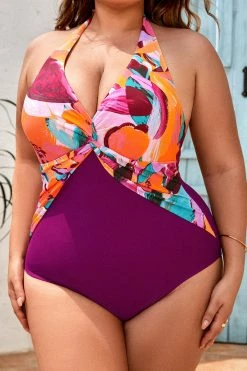 CUPSHE Artistic Flowers Twist Front Tummy Control Plus Size One Piece