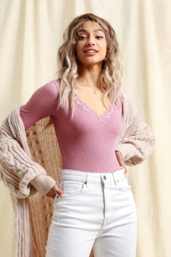 CUPSHE Leann Rib Lace Trim Long Sleeve Bodysuit Clothing