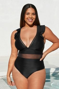 CUPSHE One Pieces Black Ruffle Plunge V Neck Plus Size One Piece Swimsuit