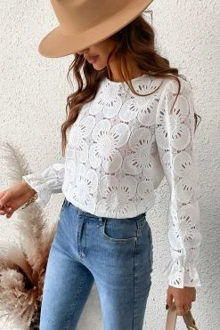 CUPSHE Happy Weekend Embroidered Floral Eyelet Long Sleeve Blouse Clothing