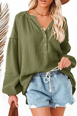 CUPSHE The Fall Seersucker Split Neck Button-Front Ruffled Top Clothing