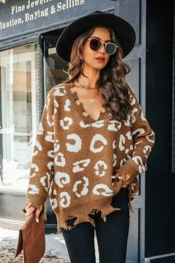 CUPSHE Liana Leopard Print Frayed Sharkbite Sweater Clothing