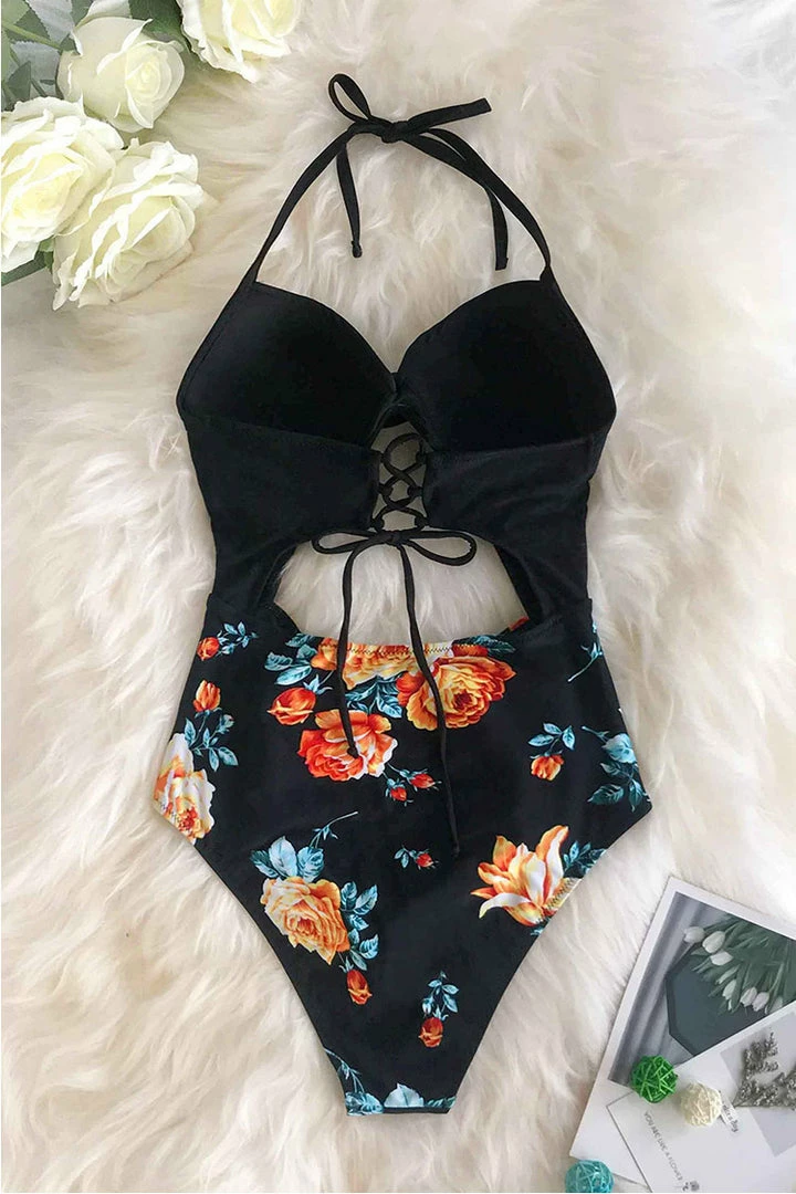 Buy ❤️ CUPSHE One Pieces Black Floral Print Halter Tummy Control One Piece 🩱 Swimsuit 🔥 9 CUPSHE One Pieces Black Floral Print Halter Tummy Control One Piece Swimsuit