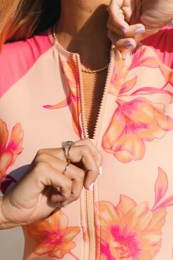 CUPSHE Retro Flowers Short Sleeve Zip Up Rashguard One Piece Swimsuit