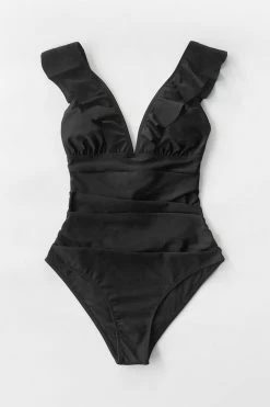 CUPSHE Summer Seaside Ruffled Ruched Plunge Tummy Control Black One Piece One Pieces