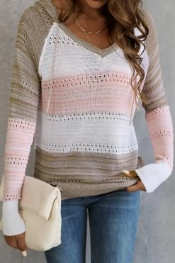 CUPSHE Sweet Tea Striped Open-Knit Long Sleeve Hooded Pullover