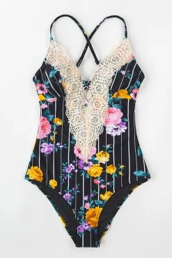 CUPSHE One Pieces Francesca Black Floral Plunge Neck Crisscross One Piece Swimsuit
